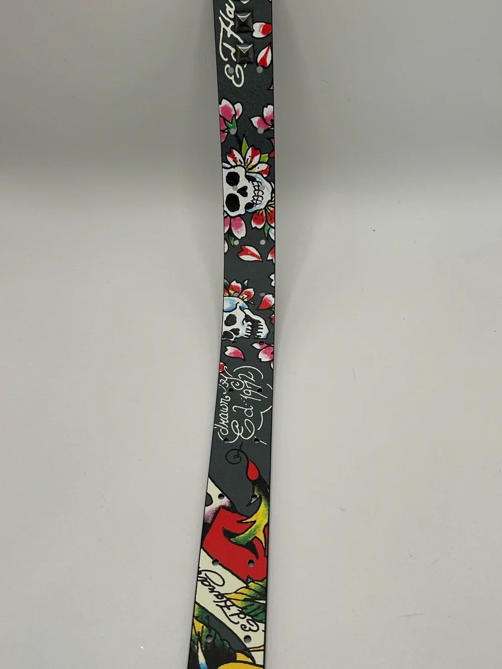 Ed Hardy Men's Graphic Floral Skull Tattoo Studded Belt Adjustable Buckle 38
